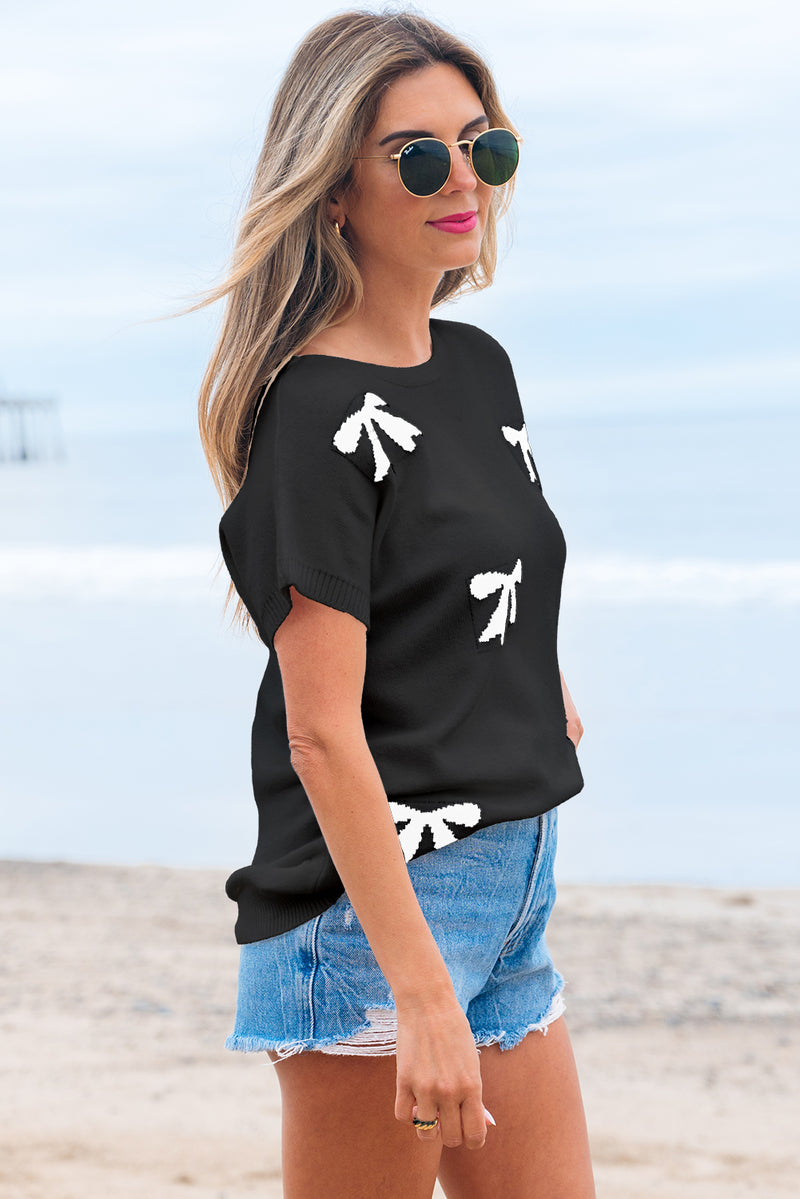 Bow Pattern Knit Short Sleeve Sweater