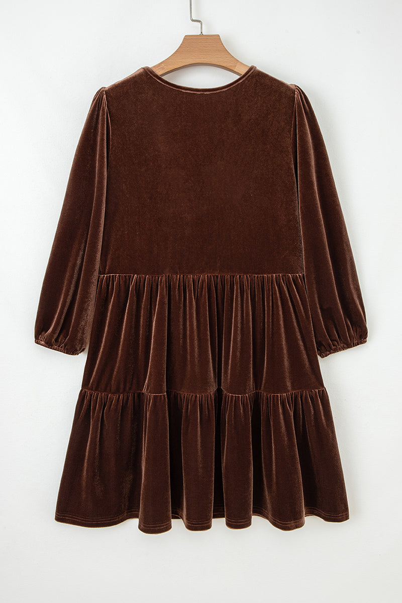Solid Color Velvet V Neck Long Sleeve Tiered Mini Dress
