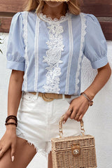Stripe Floral Lace Splicing Puff Sleeve Blouse