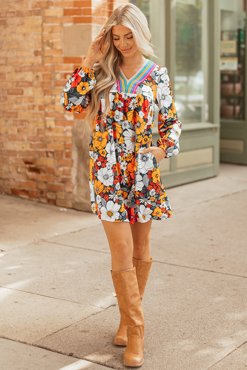 Floral Print Striped Lace V Neck Long Sleeve Mini Dress
