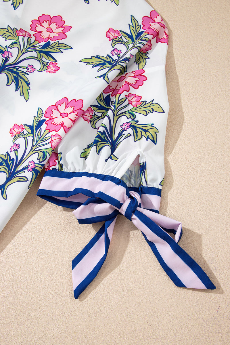 Floral Colorblock Stripe Knot Bubble Sleeve V Neck Blouse