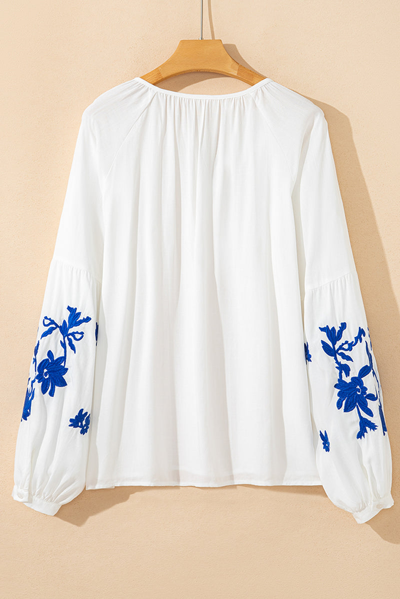 Floral Embroidered Drawstring V Neck Blouse
