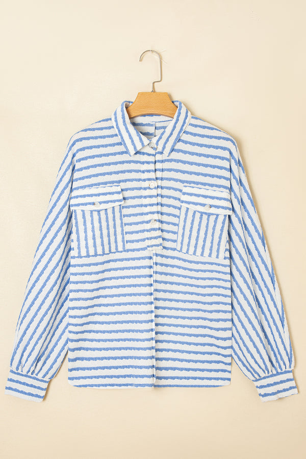 Stripe Half Button Collared Chest Pockets Loose Fit Blouse