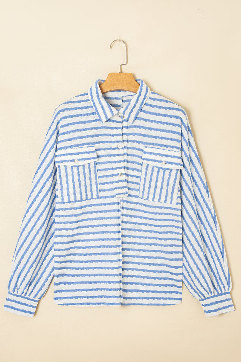 Stripe Half Button Collared Chest Pockets Loose Fit Blouse