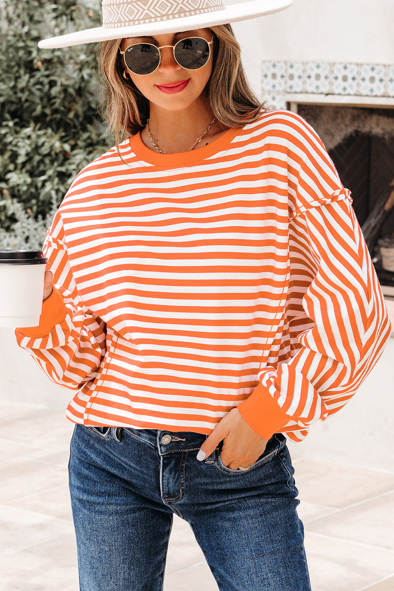 Stripe Exposed Seam Drop Shoulder Casual Pullover Top
