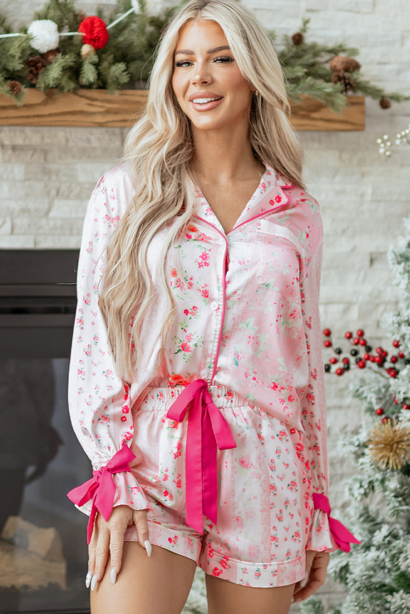 Mixed Floral Print Contrast Piping Trim Satin Tie 2pcs Pajama Set