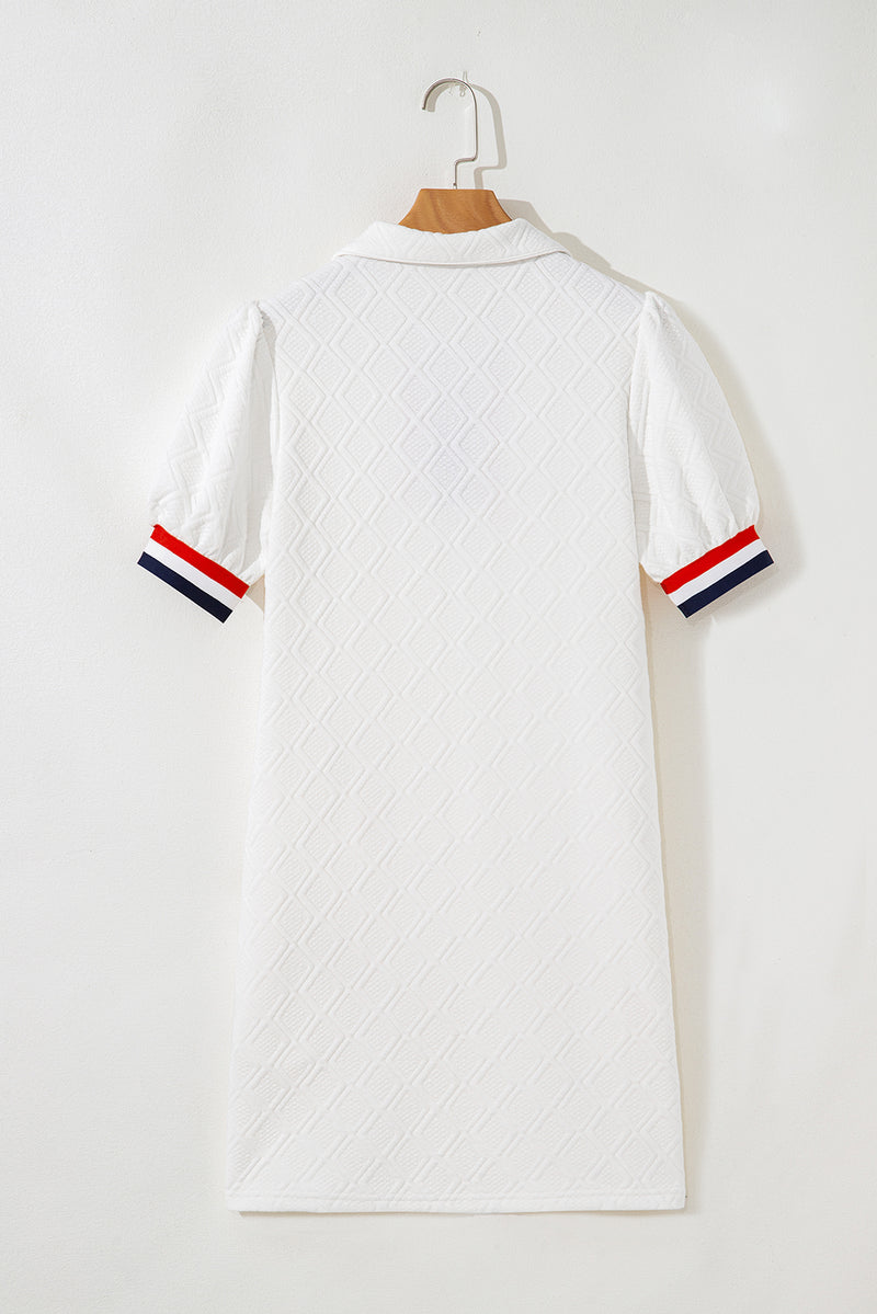 Textured Jacquard Colorblock Edge Puff Sleeve Quarter Zip Mini Dress