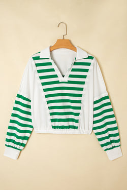 Stripe Colorblock Collared V Neck Cropped Knit Pullover