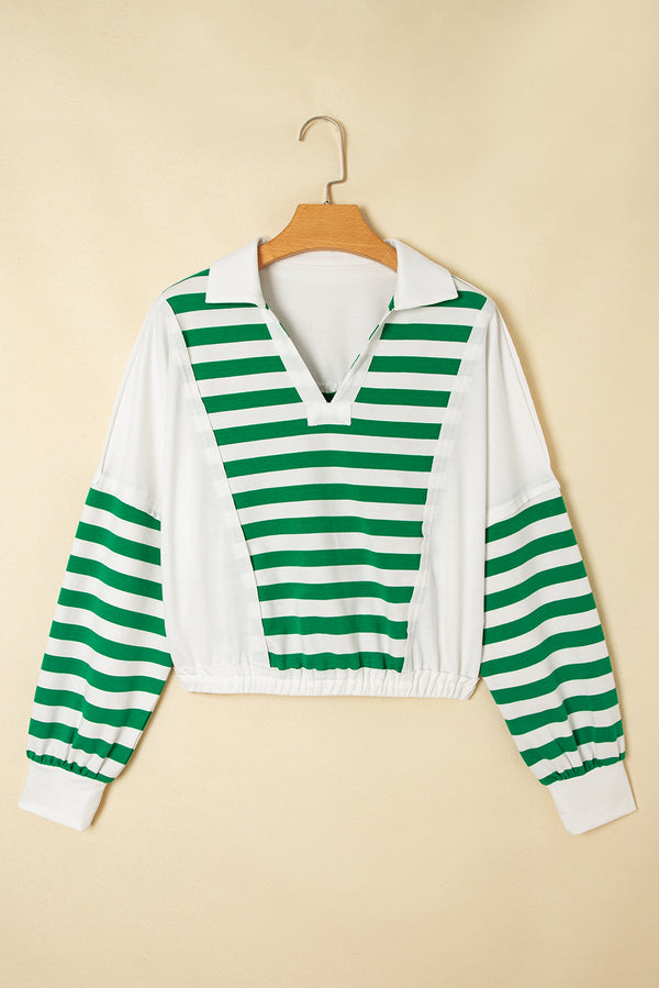 Stripe Colorblock Collared V Neck Cropped Knit Pullover