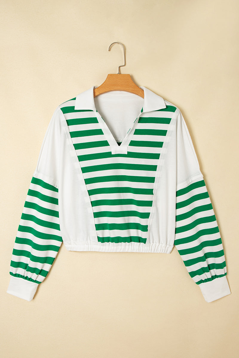 Stripe Colorblock Collared V Neck Cropped Knit Pullover