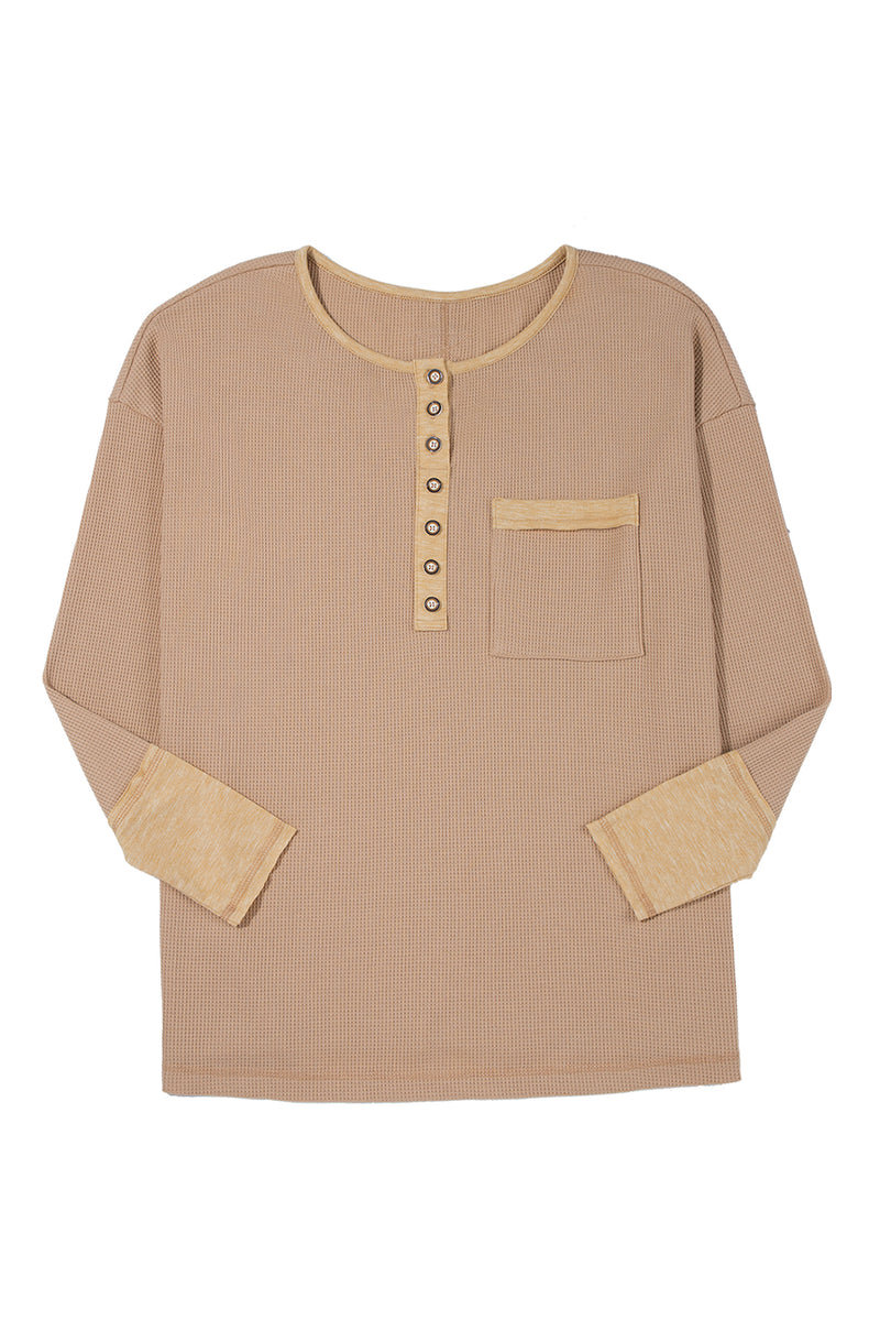 Color Block Waffle Textured Tunic Henley Top with Slits