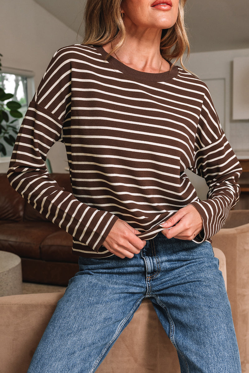 Stripe Ribbed Cropped Crew Neck Long Sleeve T Shirt