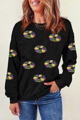 Sequined Donuts of Mardi Gras Colors Drop Shoulder Sweatshirt
