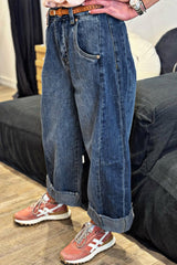 Blue Stitched Raw Hem Wide Leg Loose Jeans