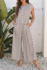 Checkered Print Buttoned Crew Neck Wide Leg Jumpsuit