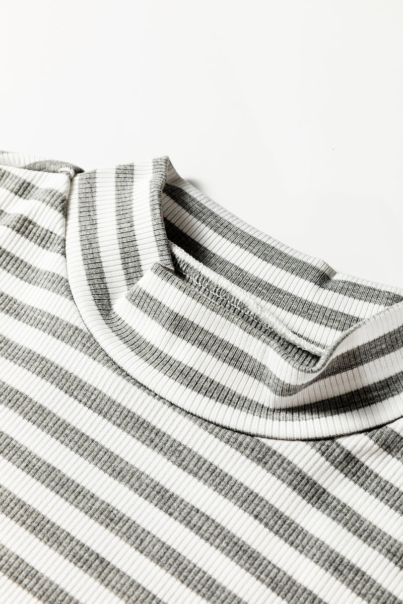 Stripe Ribbed High Neck Slim Fit Long Sleeve Top