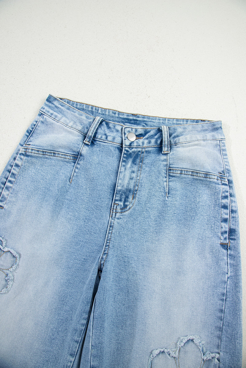 Flower Patched Light Wash Cropped High Waist Jeans