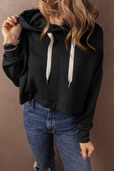 Solid Drop Shoulder Drawstring Cropped Hoodie