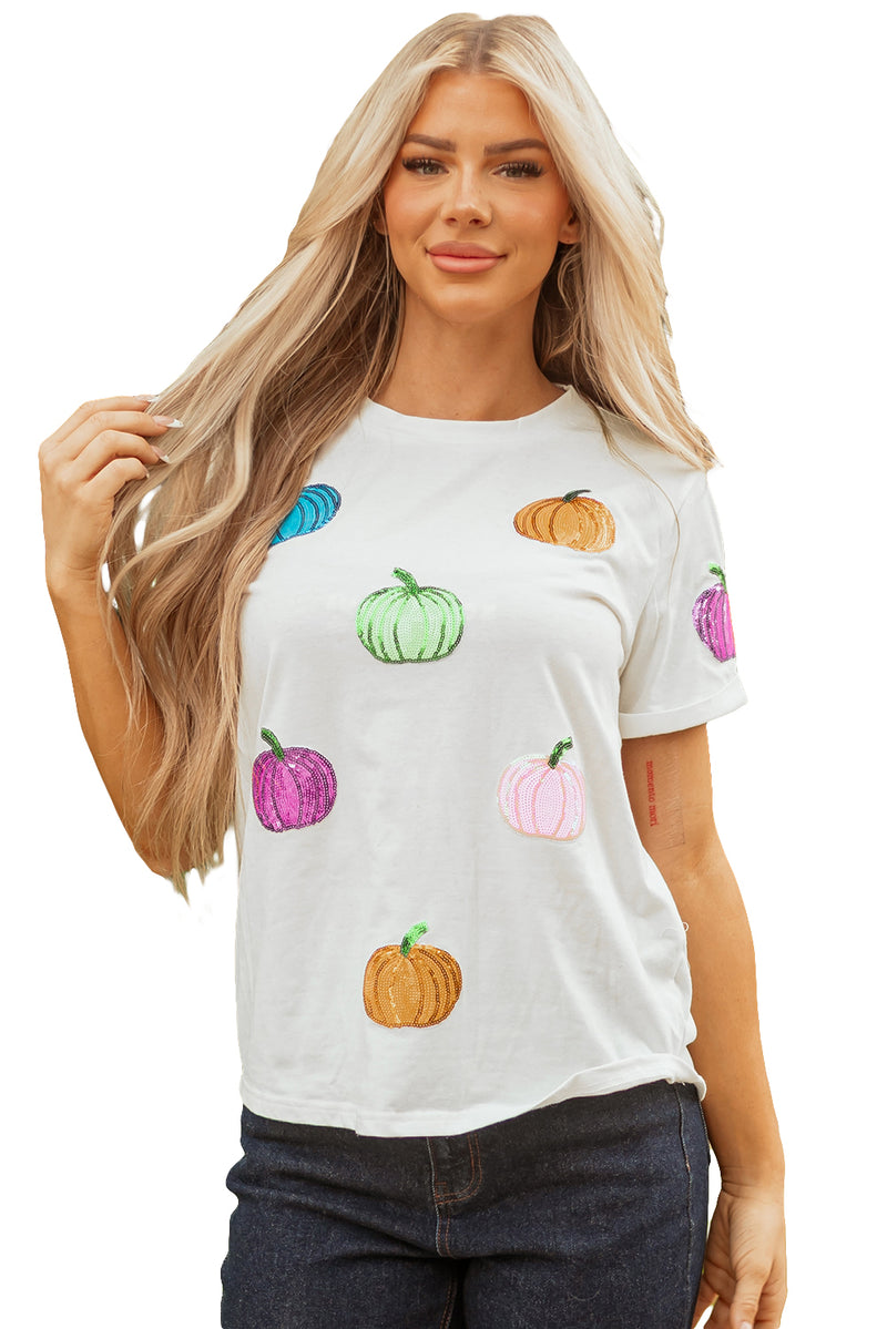 Sequin Pumpkin Patched Cotton Blend T Shirt
