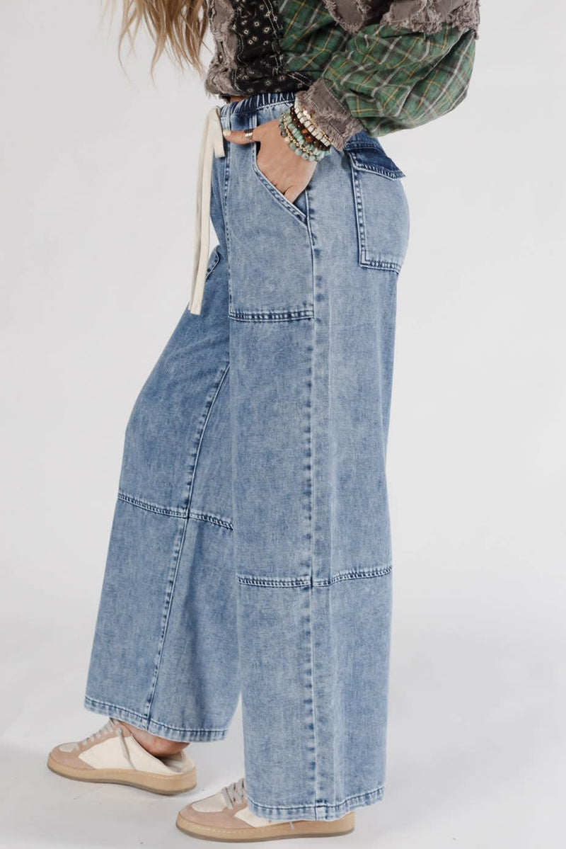 Acid Wash Exposed Seam Drawstring High Waist Jeans