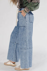 Acid Wash Exposed Seam Drawstring High Waist Jeans