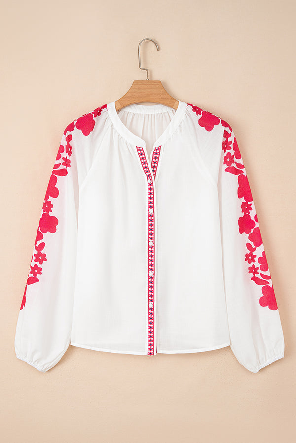 Floral Embroidered Puff Long Sleeve Casual Shirt