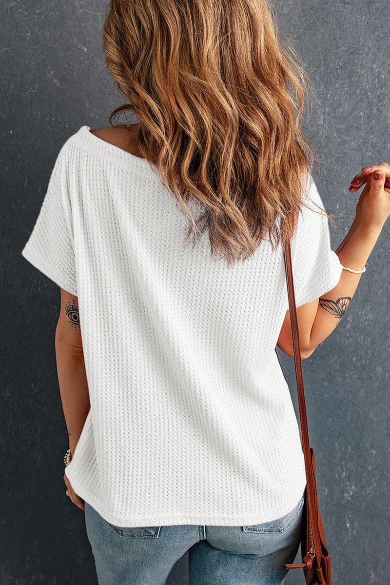 Solid Waffle Knit Boat Neck Short Sleeve Top
