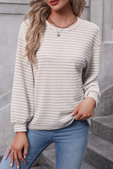 Solid Stripe Round Neck Drop Shoulder Long Sleeve Top