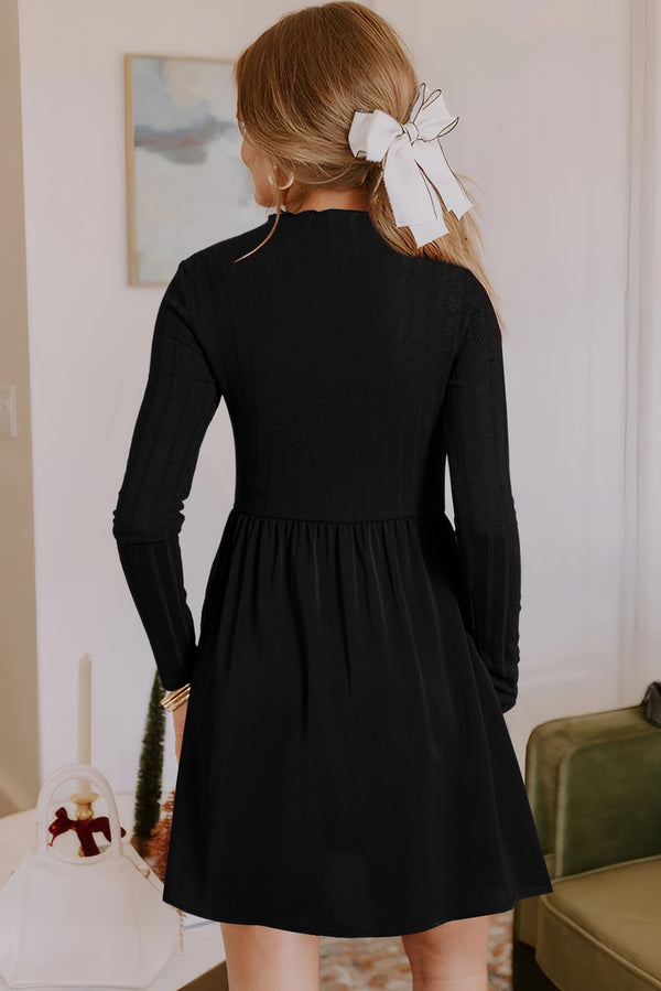 Frilled Neck Ribbed Knit Patchwork Long Sleeve Mini Dress