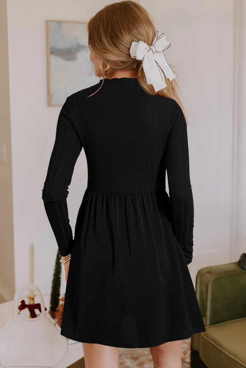 Frilled Neck Ribbed Knit Patchwork Long Sleeve Mini Dress