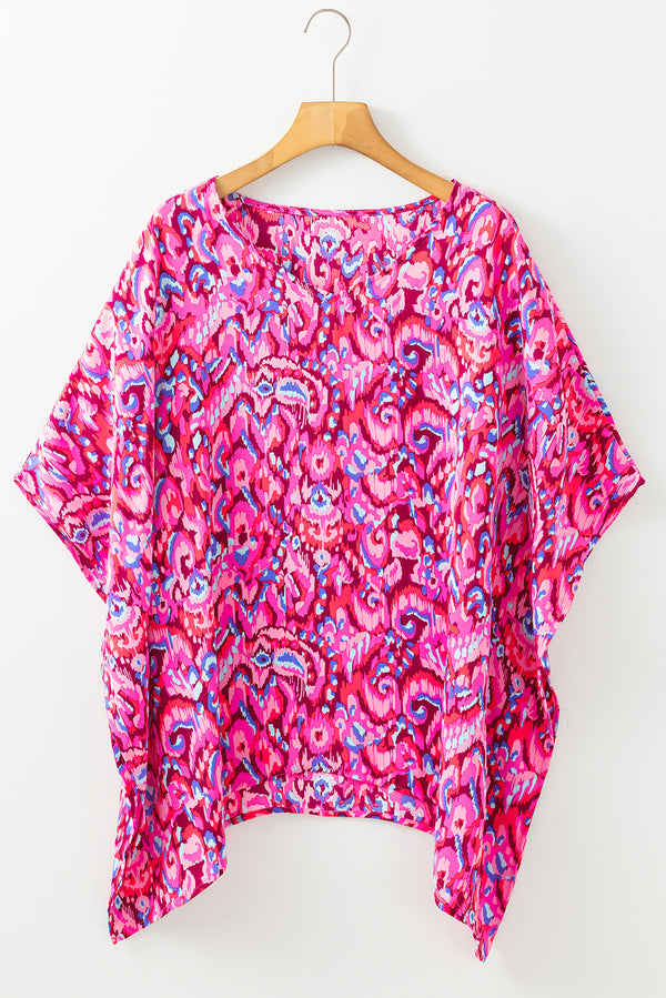 Solid Abstract Print V Neck Half Sleeve Loose Fit Tunic Blouse