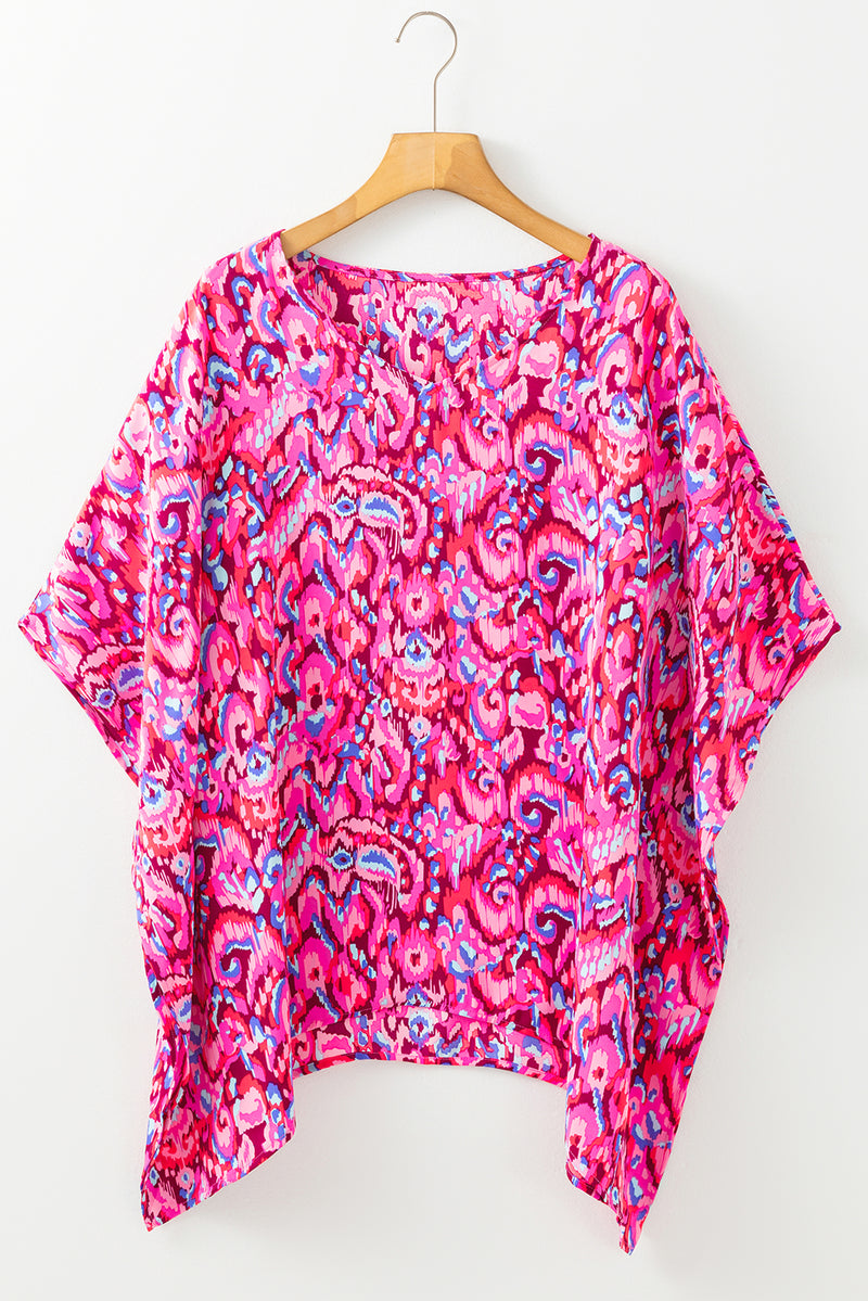Solid Abstract Print V Neck Half Sleeve Loose Fit Tunic Blouse