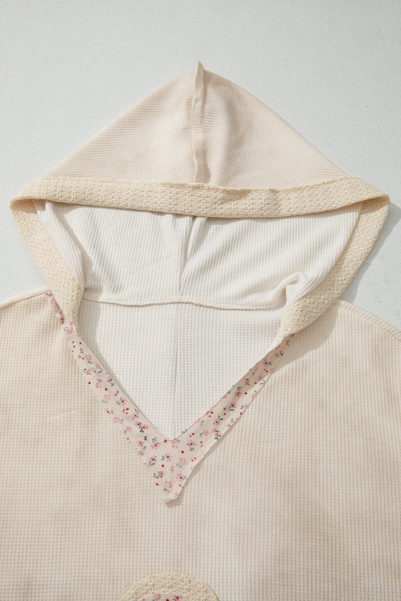 Floral Patched Waffle Textured Colorblock V Neck Casual Hooded Top