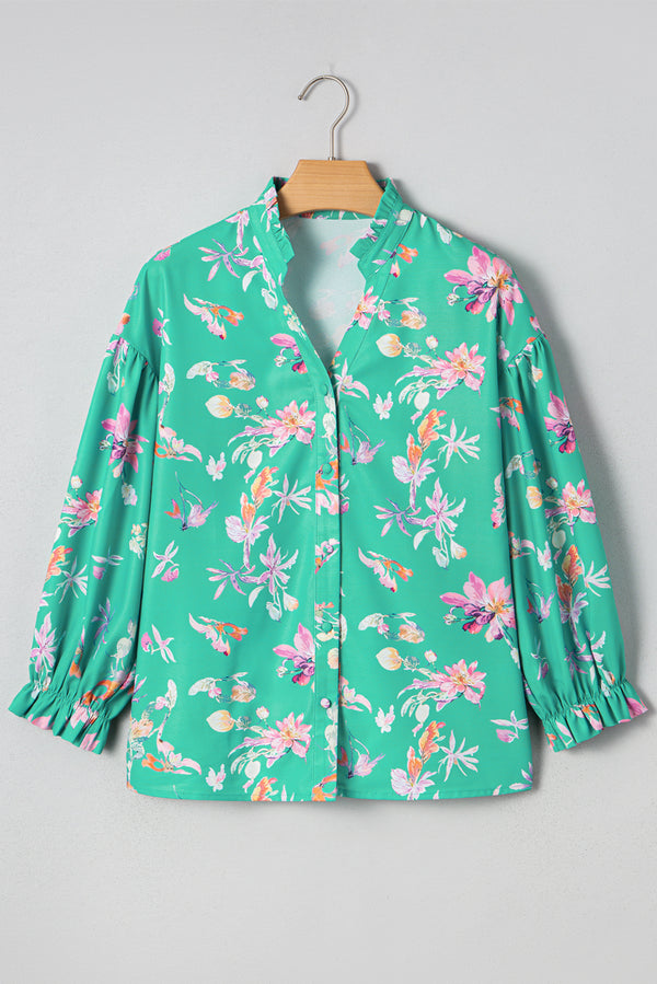 Floral Lantern Sleeve Button Front Shirt