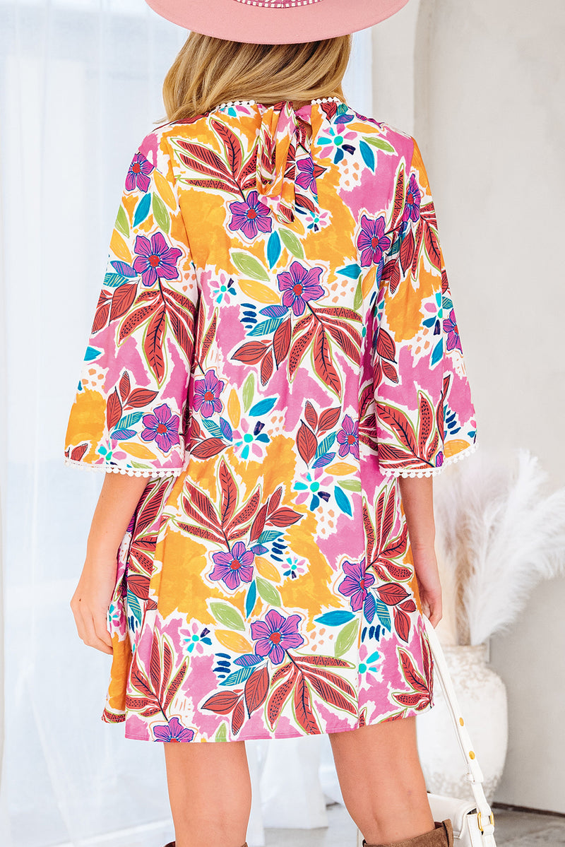 Floral Print Lace Trimmed Tie Back Bell Sleeve Swing Mini Dress