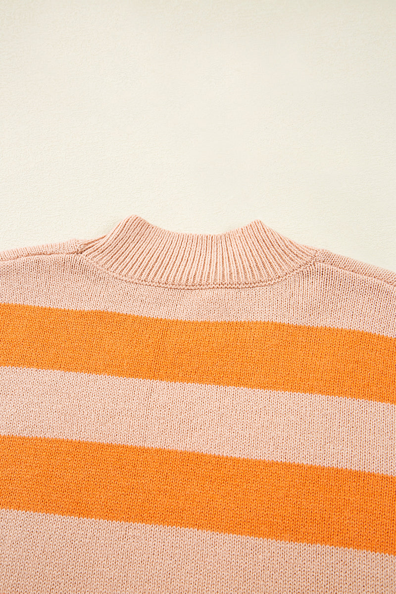 Stripe Color Block High Neck Drop Shoulder Cozy Sweater