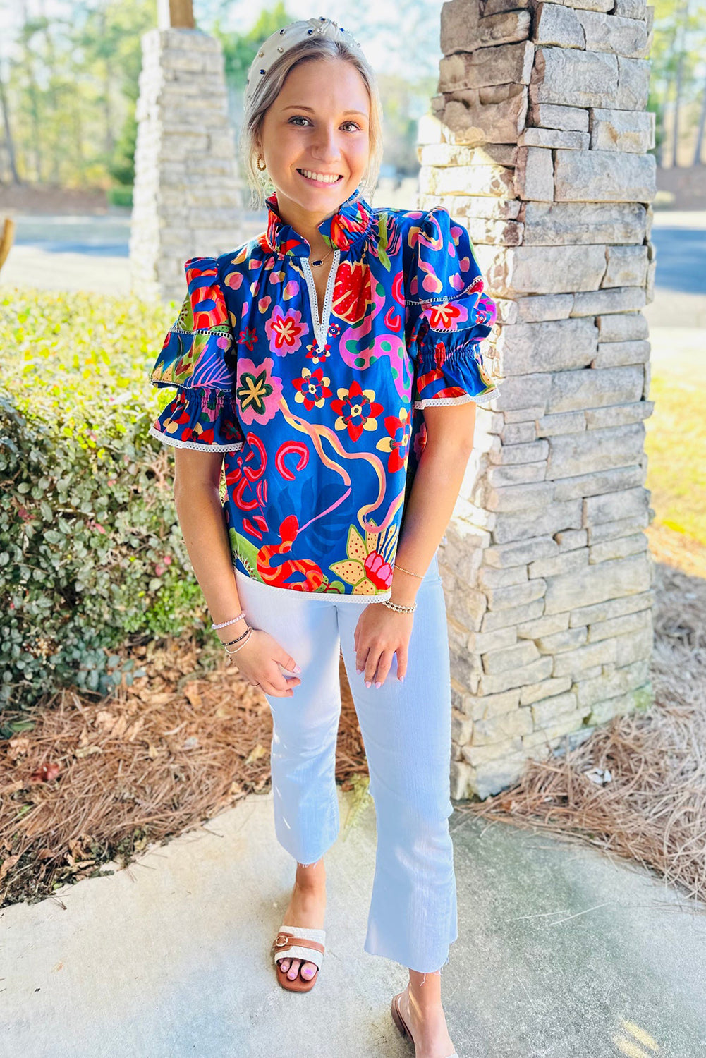 Abstract Print Frilled Collar Ruffled Puff Short Sleeve Top