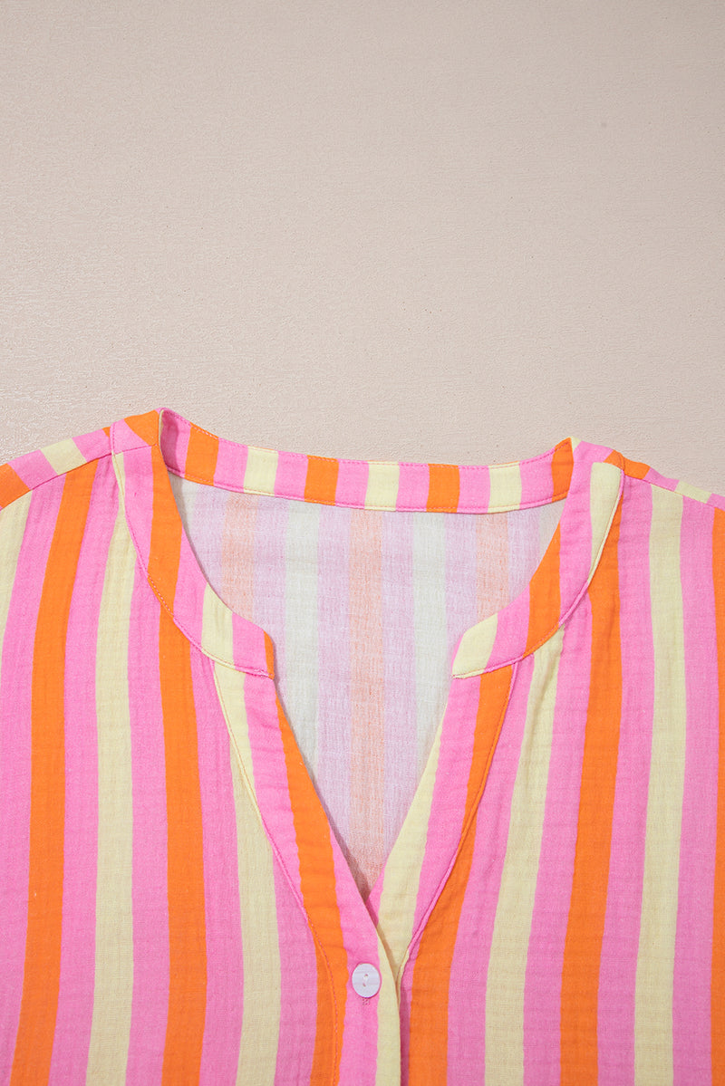 Stripe Crinkled Half Buttons V Neck Plus Size Blouse