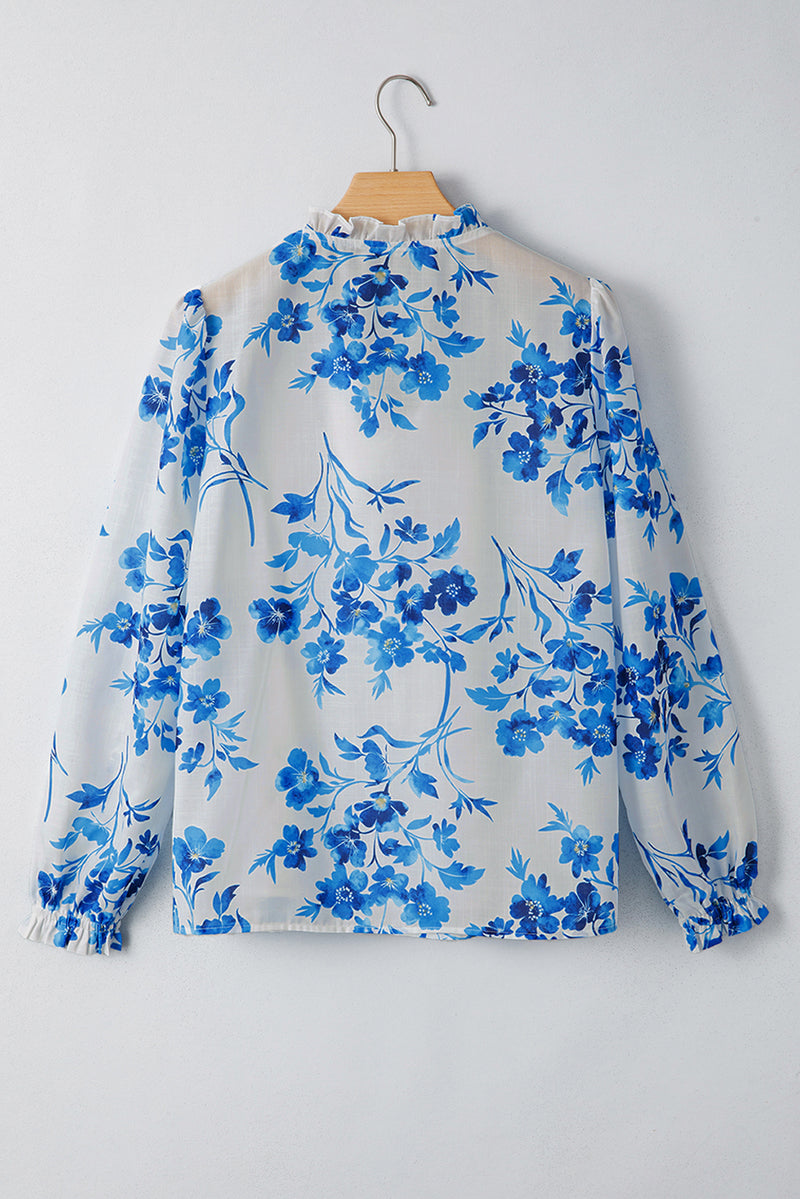 Floral Long Sleeve Lace-up V Neck Blouse