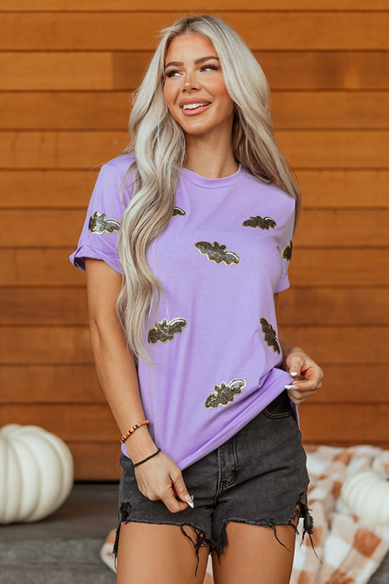 Sequin Halloween Bat Patched Casual T Shirt