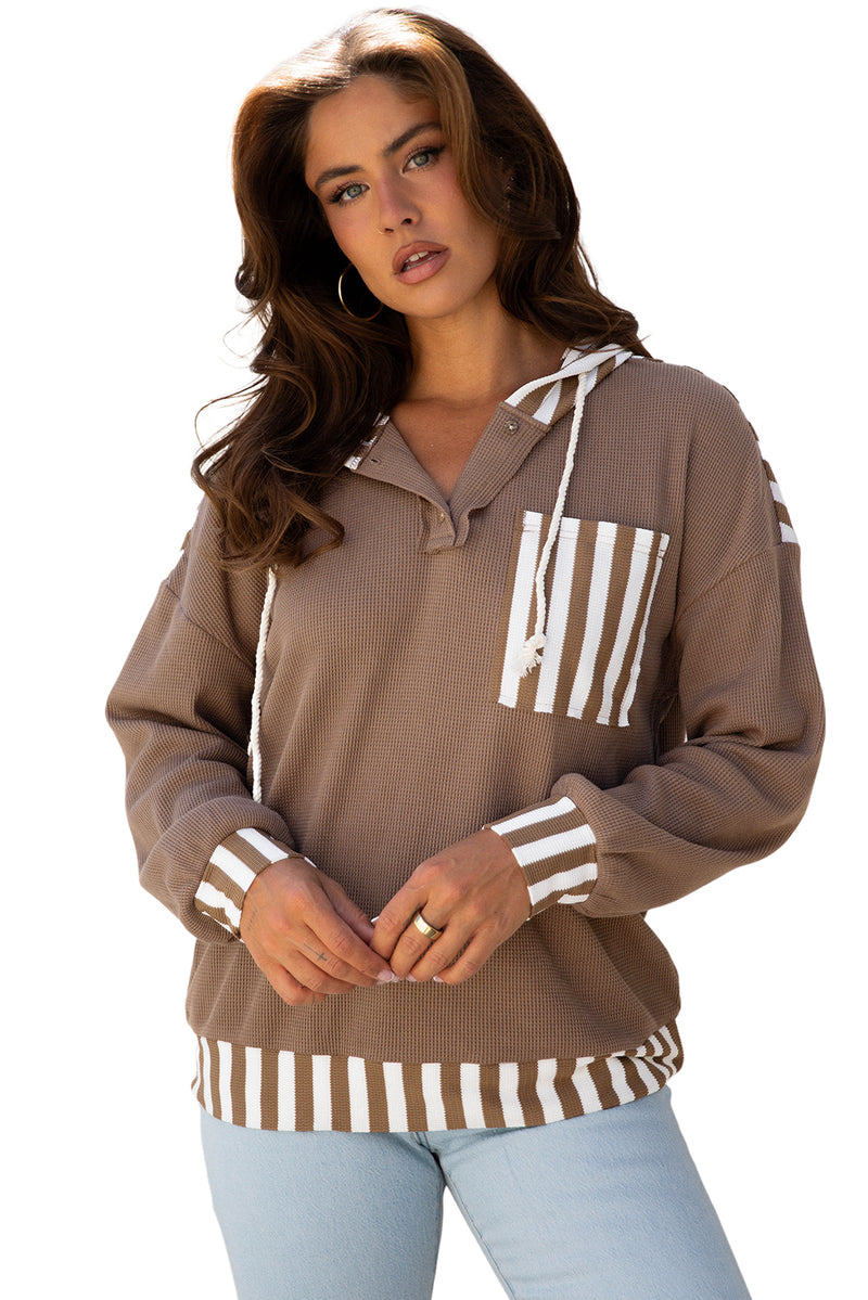 Waffle Texture Striped Patchwork Button Neck Drawstring Hoodie