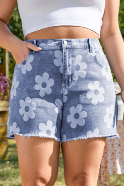 Floral Pattern High Waist Raw Hem Plus Size Denim Shorts