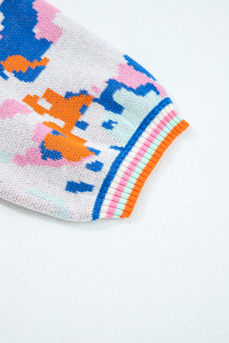 Multicolour Abstract Pattern Knit Contrast Striped Trim Short Sleeve Sweater