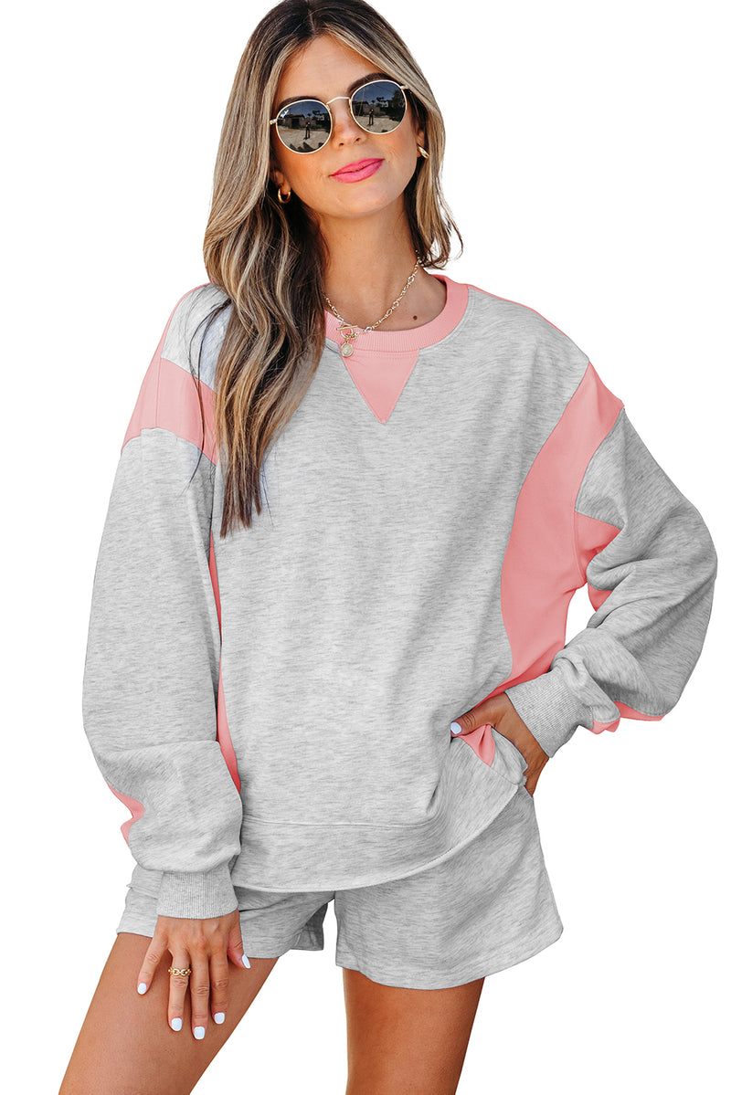 Color Block Raw Hem Pullover and Casual Shorts Set