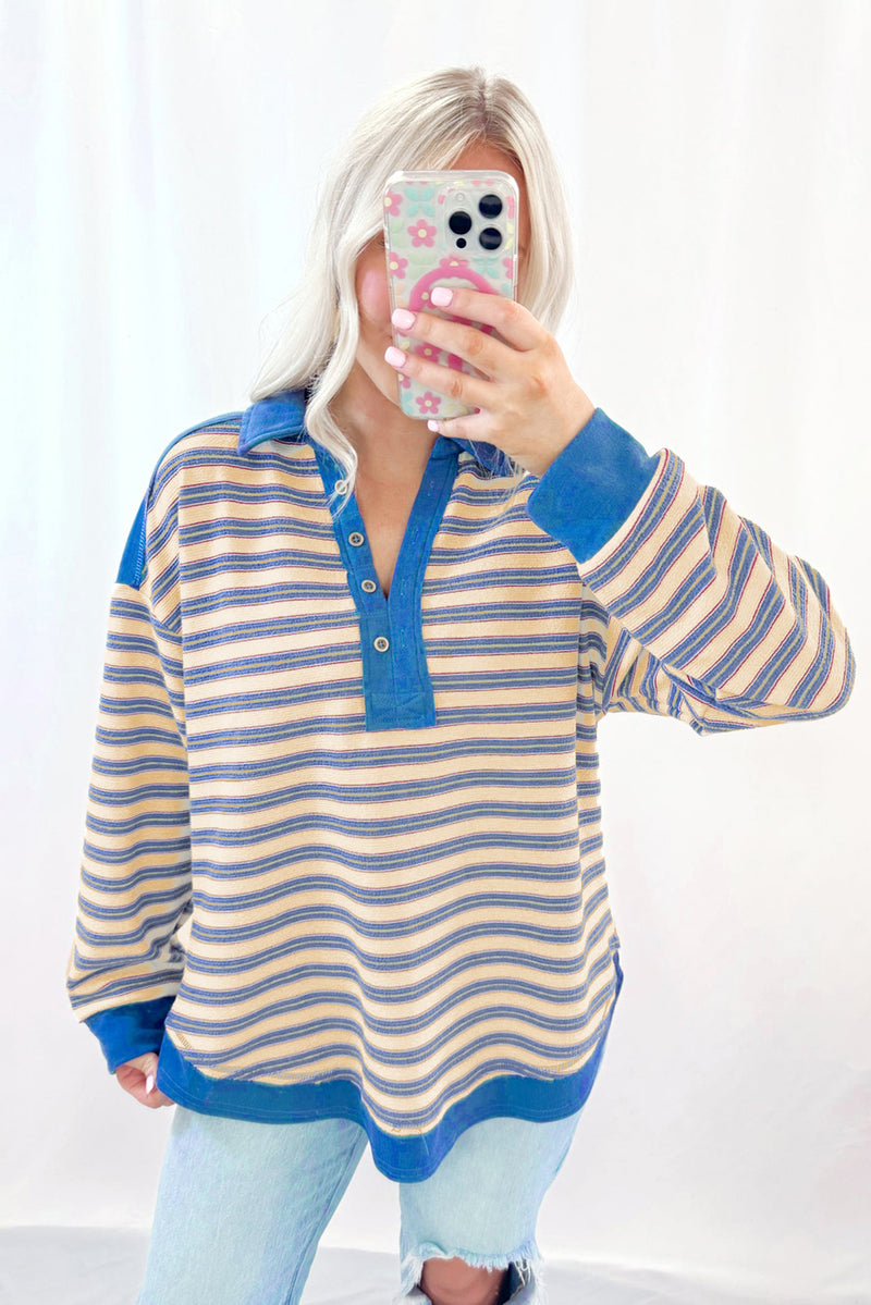 Stripe Buttoned V Neck Collared Drop Shoulder Top