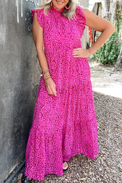 Leopard Print Short Sleeves Ruffled Trim Tiered Maxi Dress