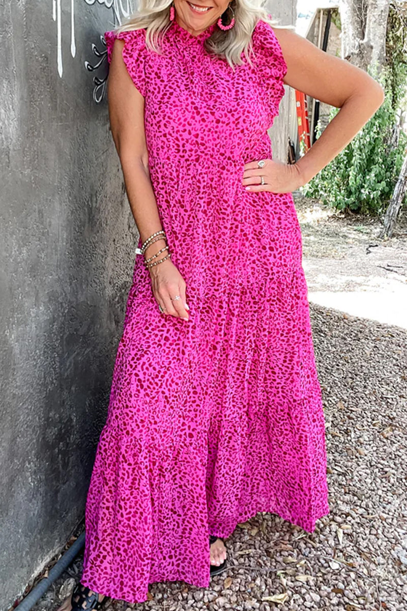 Leopard Print Short Sleeves Ruffled Trim Tiered Maxi Dress