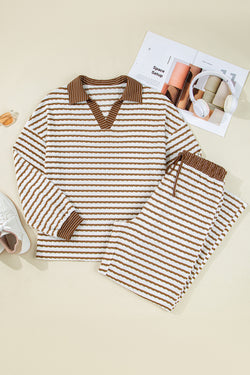 Stripe Collared Pullover Top and Drawstring Pant Set