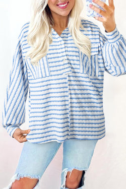 Stripe Half Button Collared Chest Pockets Loose Fit Blouse
