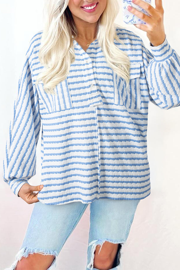 Stripe Half Button Collared Chest Pockets Loose Fit Blouse